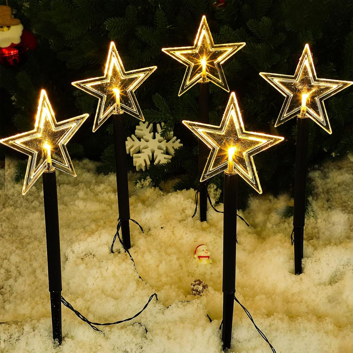 Outdoor Solar Power Xmas Lights - 5 stuks kerstpadverlichting waterdicht sneeuwvlok/kerstboom/ster met